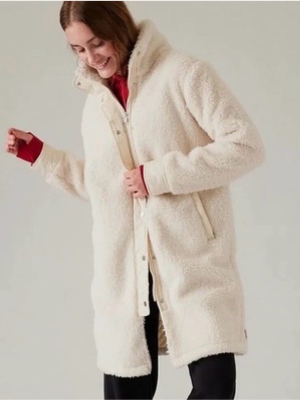 Athleta Cream Sherpa Long Zip-Front Jacket